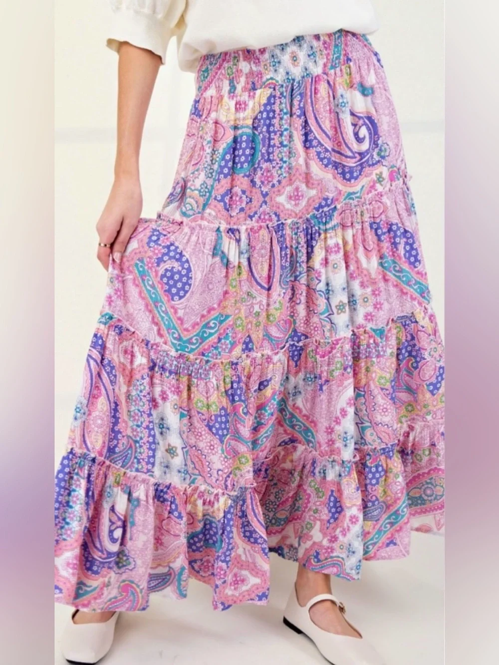Easel Tiered Pink Paisley Maxi Skirt
